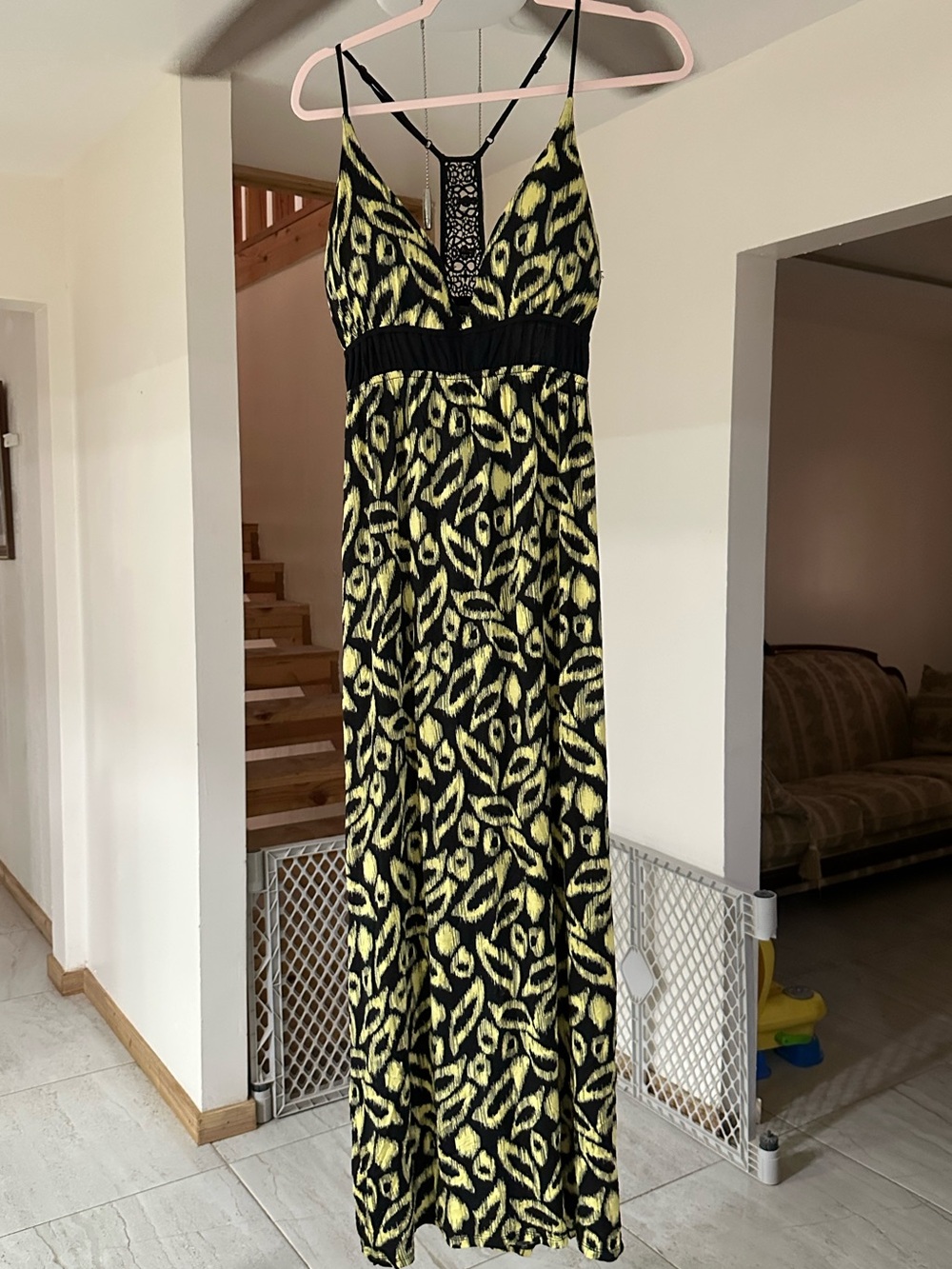 Cato Black and Yellow Leaf-Print Maxi Dress with Lace Y-Back